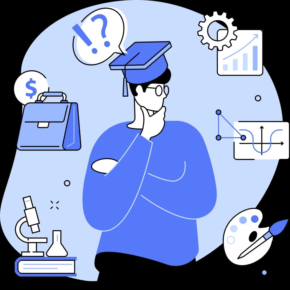 Ilustração de um estudante pensando olhando para diferentes ferramentas de trabalho de diferentes profissões.